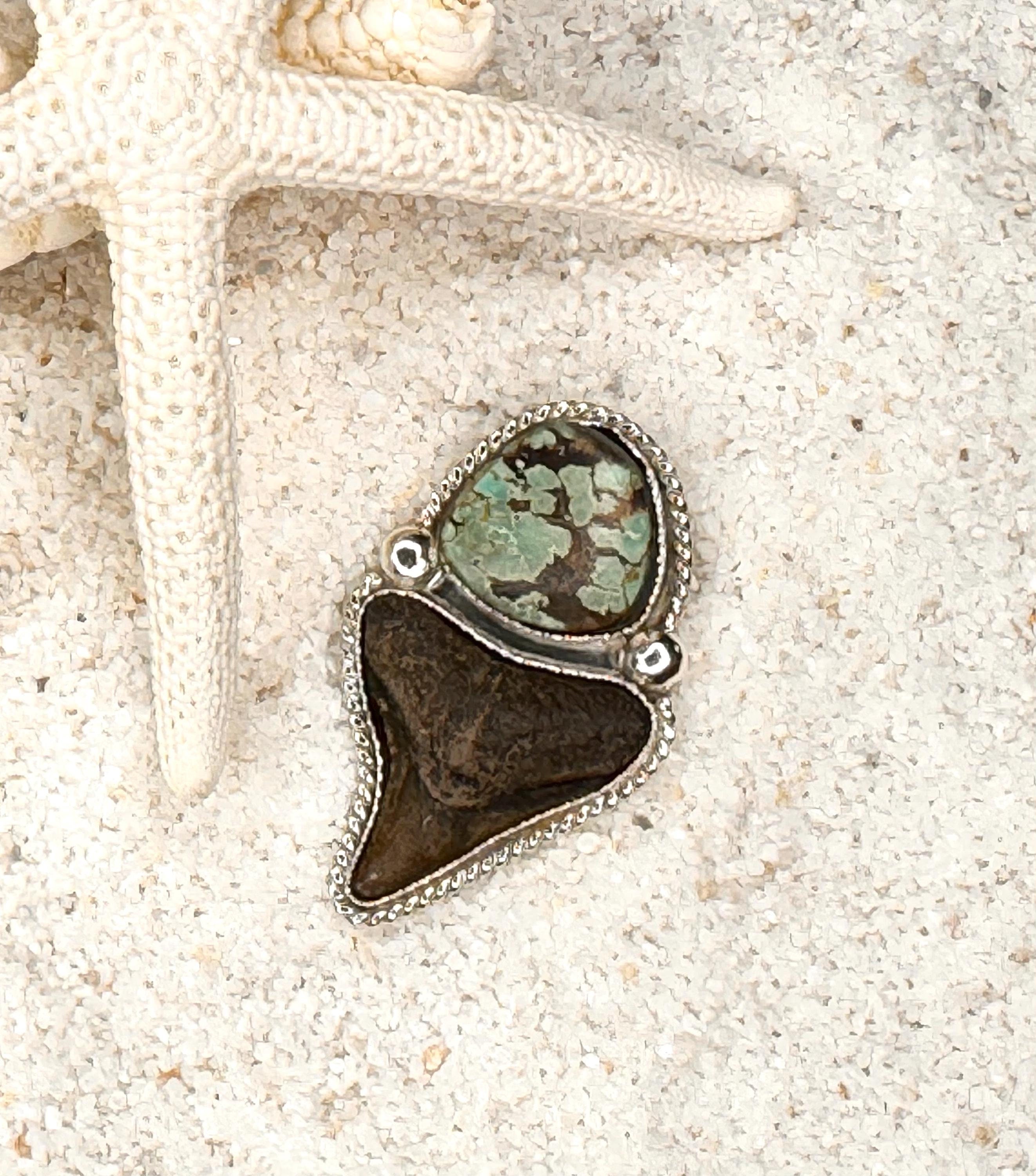 FINISHED TO SIZE Turquoise and Fossilized Shark Tooth, Sterling Silver, One-of-a-Kind Boho Western Coastal Ring Pendant - Ring or Pendant.