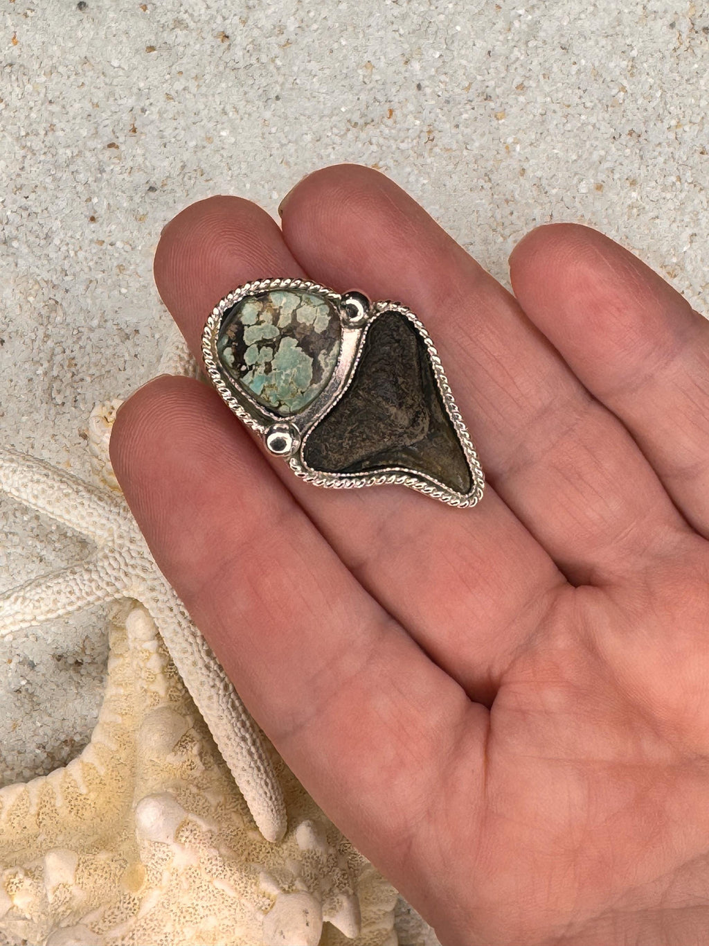 FINISHED TO SIZE Turquoise and Fossilized Shark Tooth, Sterling Silver, One-of-a-Kind Boho Western Coastal Ring Pendant - Ring or Pendant.