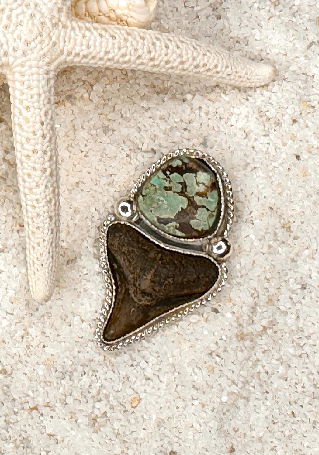 FINISHED TO SIZE Turquoise and Fossilized Shark Tooth, Sterling Silver, One-of-a-Kind Boho Western Coastal Ring Pendant - Ring or Pendant.