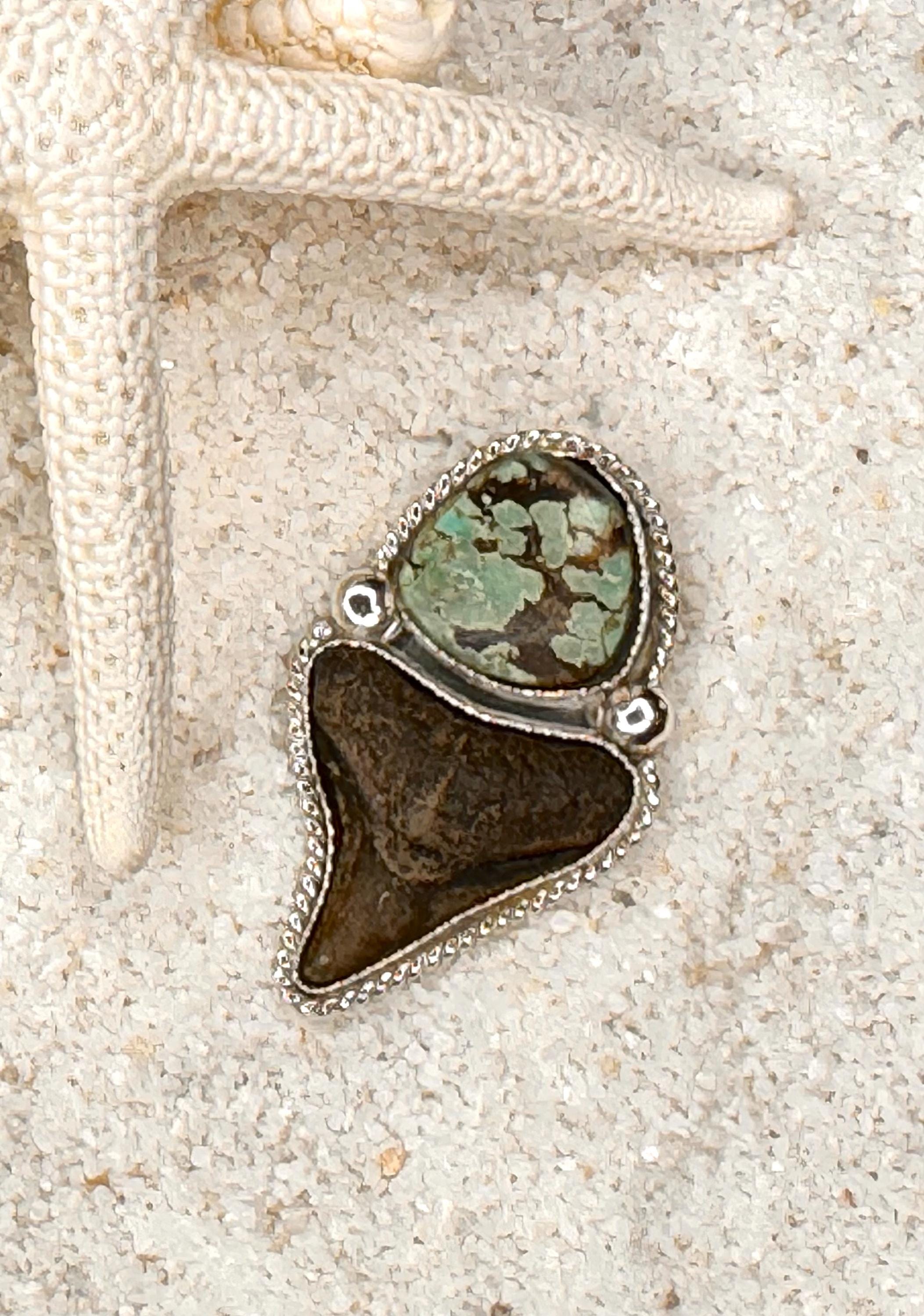 FINISHED TO SIZE Turquoise and Fossilized Shark Tooth, Sterling Silver, One-of-a-Kind Boho Western Coastal Ring Pendant - Ring or Pendant.