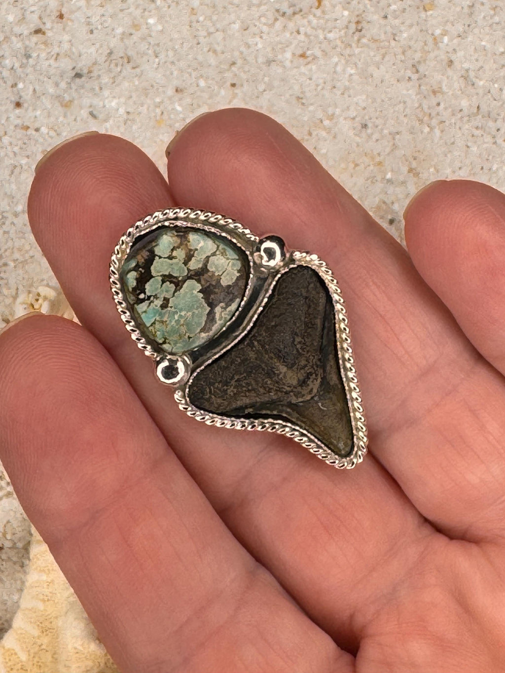 FINISHED TO SIZE Turquoise and Fossilized Shark Tooth, Sterling Silver, One-of-a-Kind Boho Western Coastal Ring Pendant - Ring or Pendant.