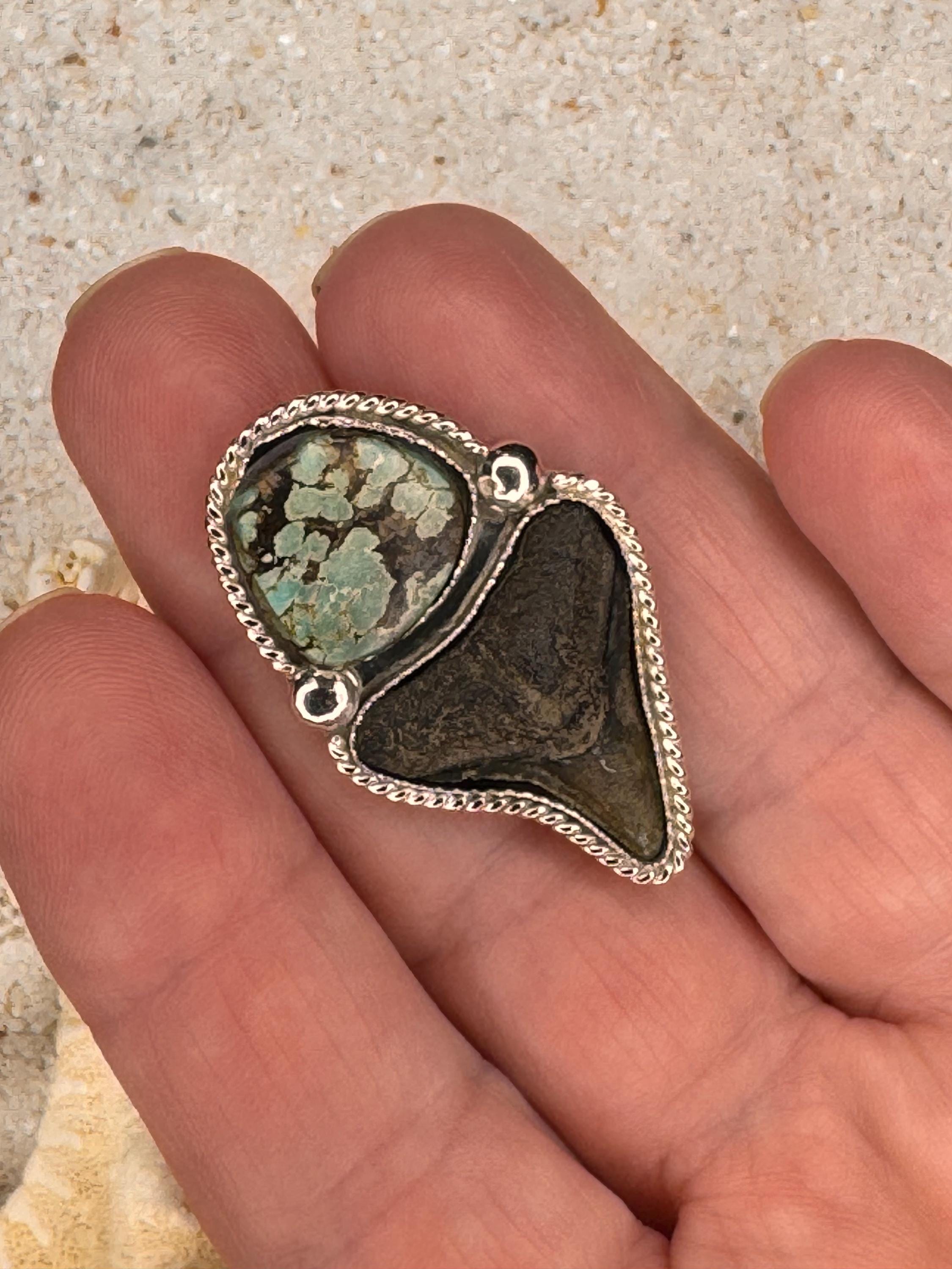 FINISHED TO SIZE Turquoise and Fossilized Shark Tooth, Sterling Silver, One-of-a-Kind Boho Western Coastal Ring Pendant - Ring or Pendant.