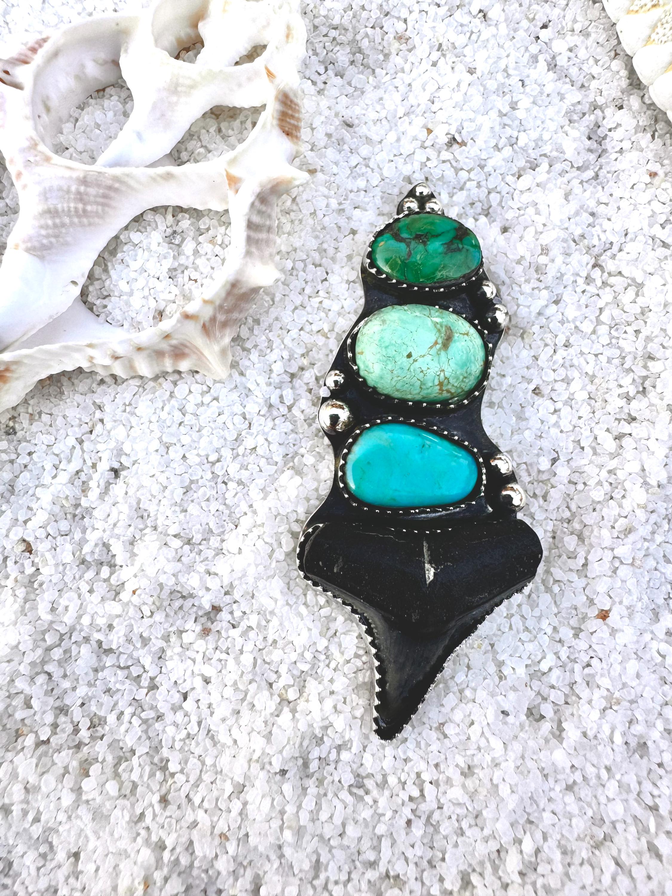 FINISHED TO SIZE Turquoise and Fossilized Shark Tooth, Sterling Silver, One-of-a-Kind Boho Western Coastal Ring Pendant - Ring or Pendant.