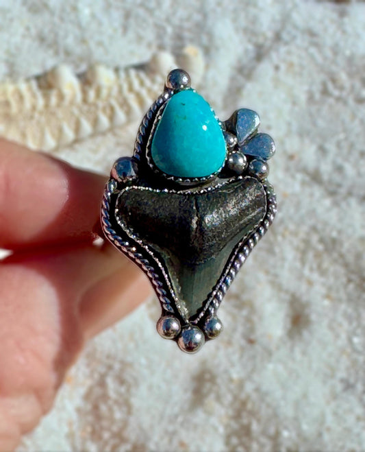Fossilized Shark Tooth and Bisbee Turquoise Ring or Pendant | Handmade Sterling Silver Statement Jewelry | Custom-Made to Size
