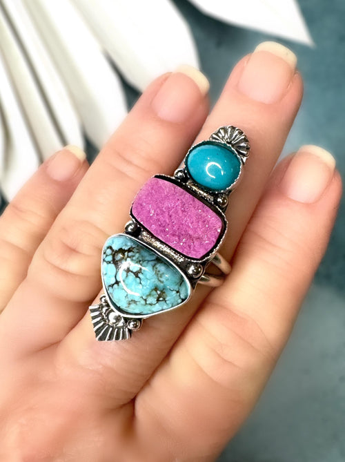 Pink Cobalto Calcite Druzy, Blue Moon, Arizona Turquoise Ring | Fine & Sterling Silver Statement Ring | OOAK Finished to Size, Boho Jewelry
