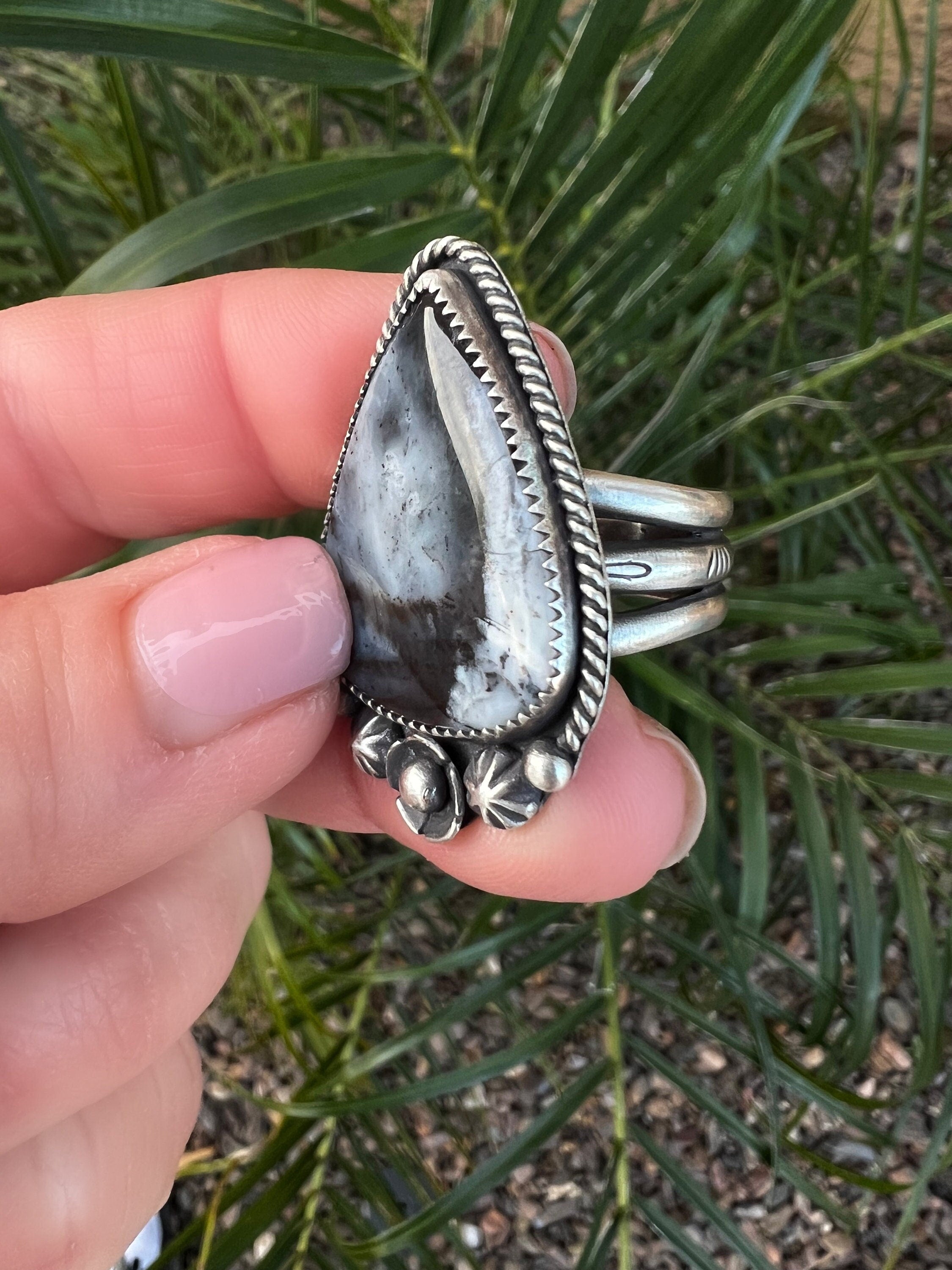 Black and White Dendritic Opal Ring in Fine and Sterling Silver - Size 8.5 Handcrafted, Stamped, Triple Shank Band