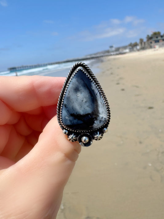 Black and White Dendritic Opal Ring in Fine and Sterling Silver - Size 8.5 Handcrafted, Stamped, Triple Shank Band - Sun Salt Silver