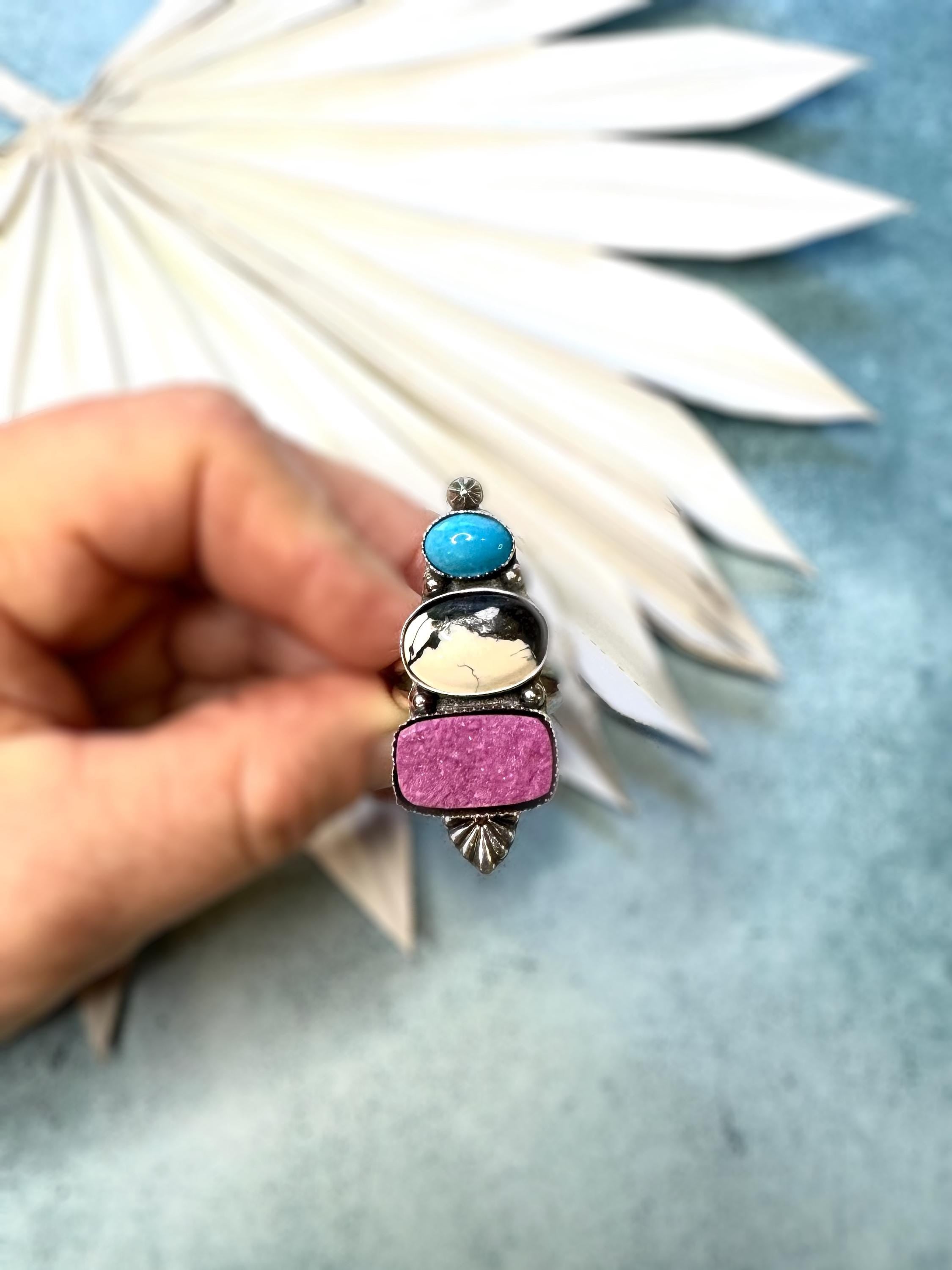 Pink Cobalto Calcite Druzy, White Buffalo, AZ Turquoise Ring | Bold Sterling Silver Statement Ring | OOAK Stacked Gemstone Boho Jewelry