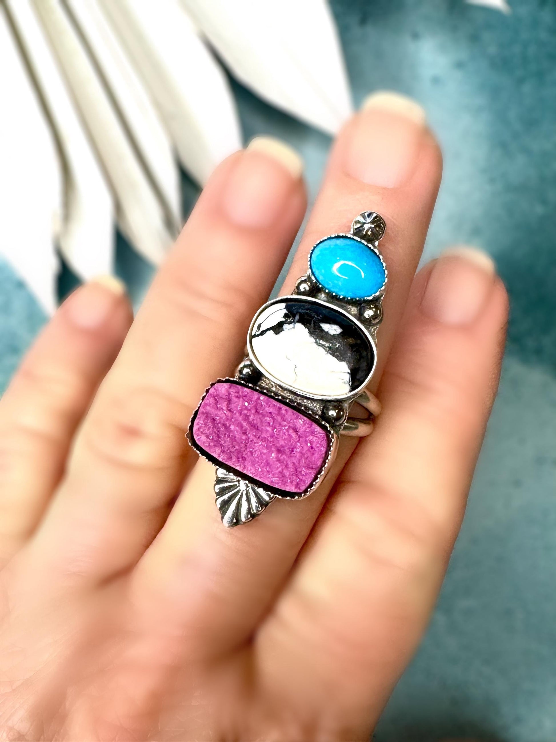 Pink Cobalto Calcite Druzy, White Buffalo, AZ Turquoise Ring | Bold Sterling Silver Statement Ring | OOAK Stacked Gemstone Boho Jewelry