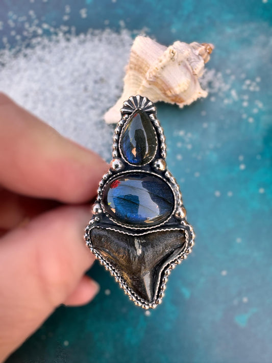 Shark Tooth & Labradorite Ring | Sterling Silver Statement Ring | Fossil Jewelry | Mystic Ocean Jewelry | Finished to Size