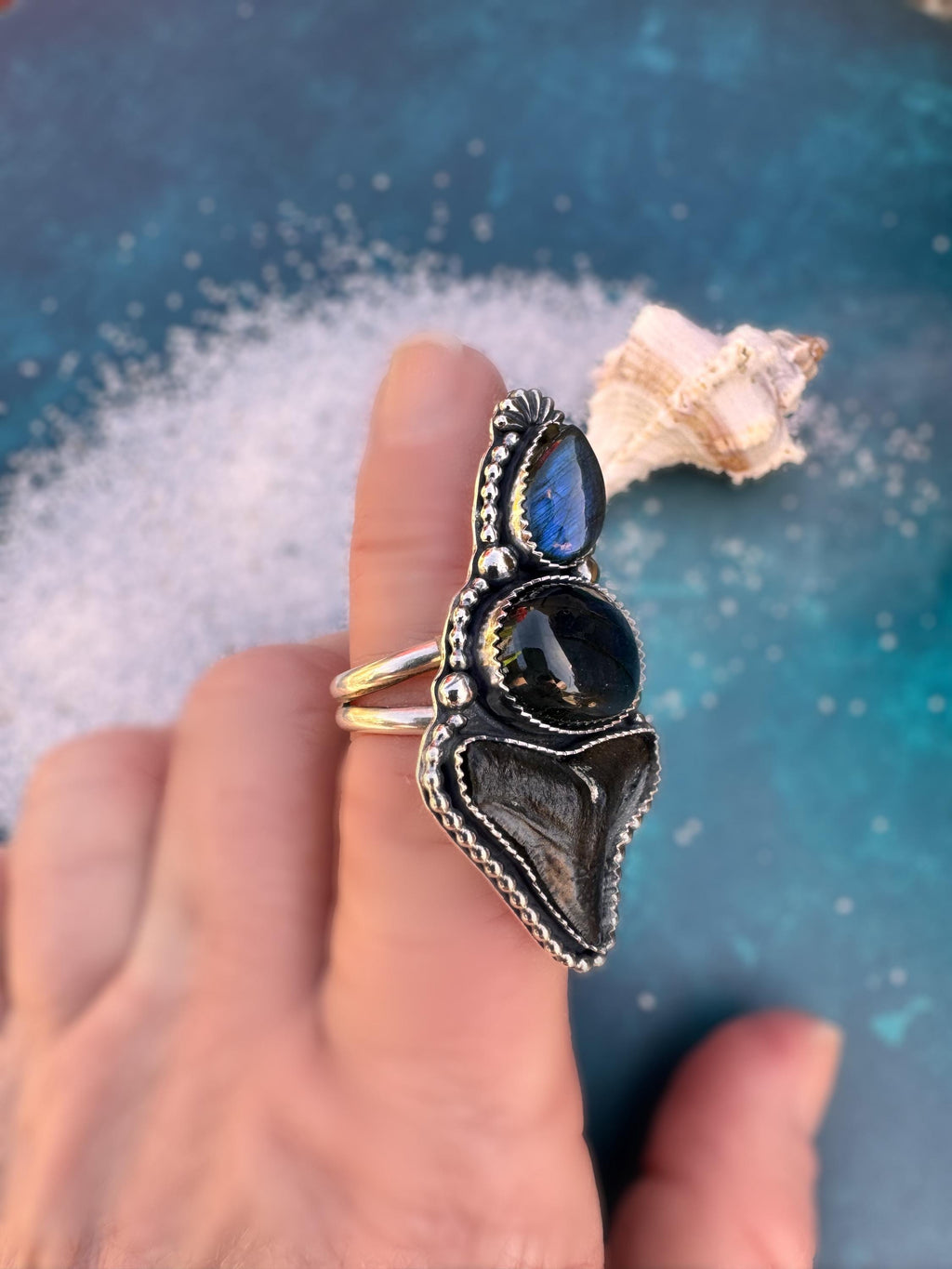 Shark Tooth & Labradorite Ring | Sterling Silver Statement Ring | Fossil Jewelry | Mystic Ocean Jewelry | Finished to Size