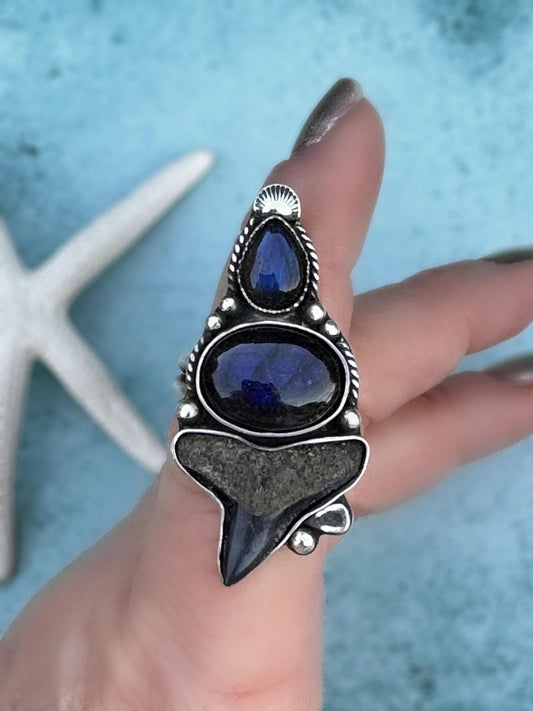 Semi Custom Mermaid | Fossilized Shark Tooth, Labradorite Ring or Pendant | Fine & Sterling Silver Statement Jewelry | One of a Kind