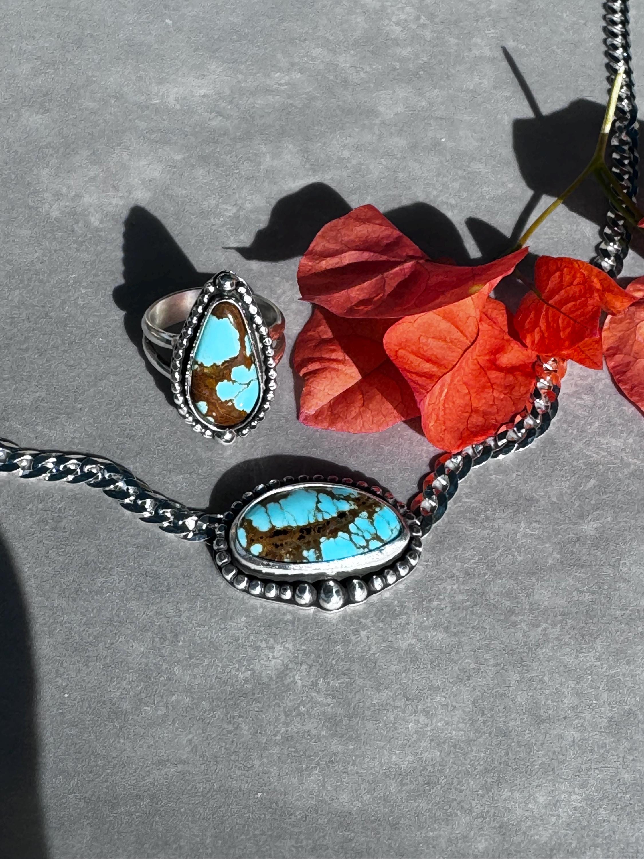 Sierra No. 8 Turquoise Ring | Sterling Silver Statement Jewelry | Finished to Size with Bead Wire Halo and Bubble Accents